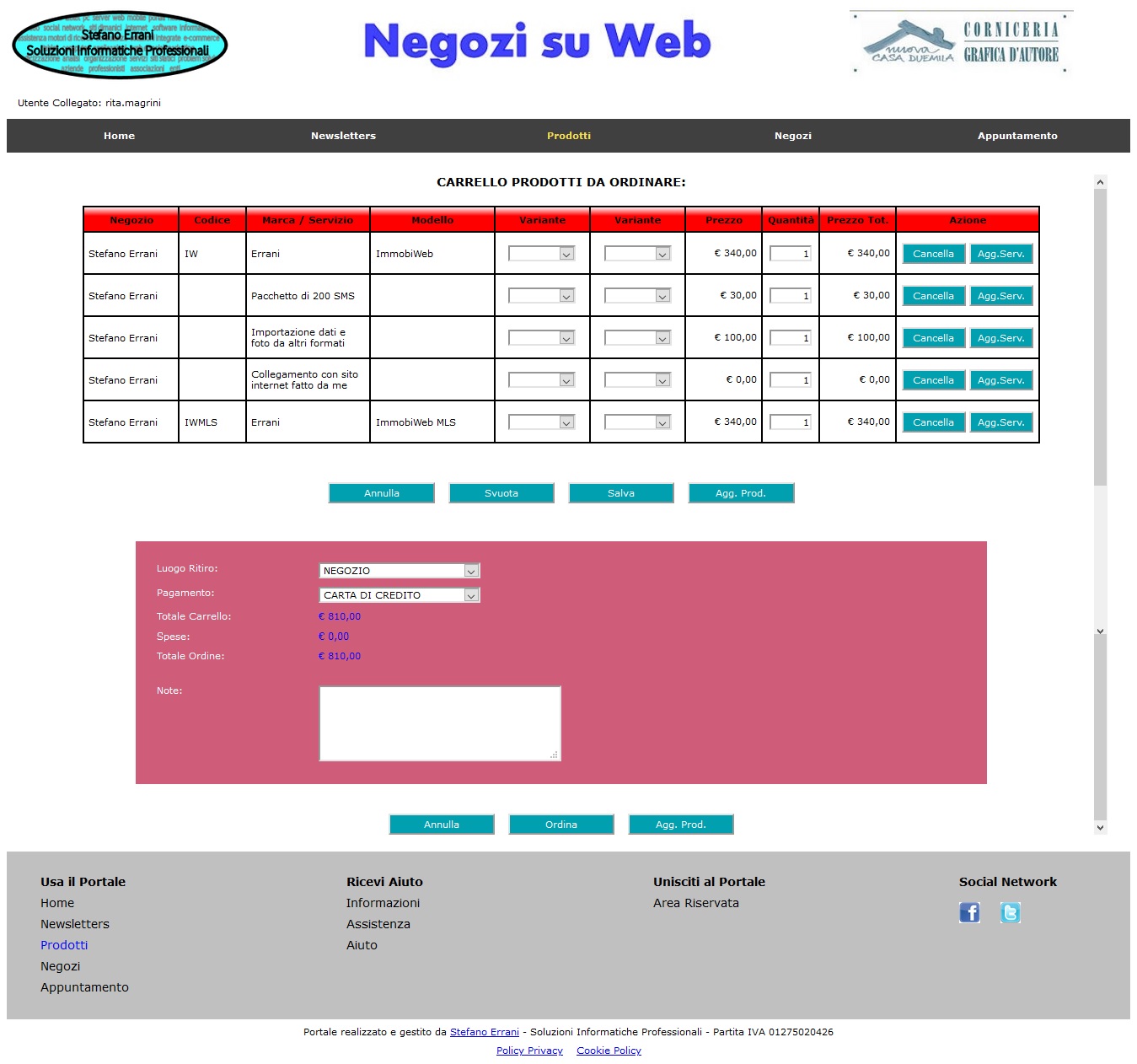 Negozi su Web - Esempio di Carrello Ordine.